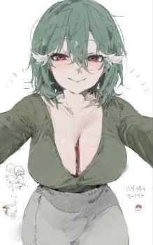 1boy 1girl absurdres between_breasts blush breasts closed_mouth collarbone gardevoir gen_3_pokemon green_shirt grey_skirt hair_between_eyes half-closed_eyes highres humanization large_breasts le_(szs0k) looking_at_viewer nintendo pokemon red_eyes shirt short_hair simple_background skirt smile translation_request upper_body white_background