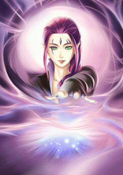 1girl absurdres bei_ju_luoxuan_wan blink_(x-men) chinese_commentary commentary_request facial_mark forehead_mark foreshortening green_eyes highres long_hair marvel pointy_ears portrait purple_hair red_lips sidelocks smile solo x-men x-men:_days_of_future_past x-men_film_series