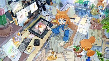 3girls absurdly_detailed_composition alternate_costume alternate_hairstyle animal_ears apron arched_back artist_name badge blonde_hair blue_apron blue_eyes blue_hair blue_neckerchief blue_shirt blue_sky blush_stickers book bookshelf boots broom bucket button_badge cable cactus chair clip_studio_paint closed_mouth coaster coffee_mug collared_shirt commentary computer computer_keyboard computer_mouse computer_tower crocs cup dated day deformed desk desk_lamp desktop_(computing) discord drain_(object) drawer drawing_tablet extra_ears flower_pot footprints full_body grey_apron grey_skirt hachun_(vtuber) hair_over_shoulder hair_tie hewlett-packard high_ponytail highres holding holding_flower_pot holding_stylus holding_watering_can indie_virtual_youtuber indoors lamp loaded_interior logo long_hair long_sleeves looking_at_another looking_to_the_side low_ponytail mau-chan_(7name) microphone monitor mouse_ears mouse_girl mouse_tail mousepad_(object) mug multicolored_hair multiple_girls multiple_persona neckerchief necktie notepad on_chair on_stool open_mouth orange_hair original photo_(object) picture_frame pink_hair plant plant_request pointing ponytail potted_plant red_necktie rubber_boots shelf shirt shoes short_ponytail sidelocks sideways_glance sitting skirt sky sleeves_rolled_up smile speaker standing star_(symbol) star_in_eye sticker stool streaked_hair stuffed_toy stylus symbol_in_eye tail thick_eyebrows tile_floor tiles tourbox tray turning_head uto-chan_(7name) virtual_youtuber wacom watering_can webcam white_shirt wild007 window_(computing) window_shadow yamada_suzume yellow_shoes youtube