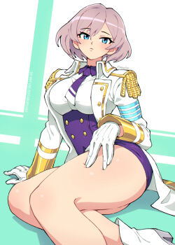 1girl ankle_boots arm_support blue_eyes blush boots breasts closed_mouth coat commentary corset epaulettes foot_out_of_frame gloves gridman_universe hair_between_eyes hand_on_own_thigh high_heel_boots high_heels large_breasts long_sleeves looking_at_viewer mujina necktie open_clothes open_coat purple_corset purple_hair purple_necktie qewie shirt short_hair short_necktie sitting solo ssss.dynazenon thighs twitter_username white_boots white_coat white_gloves white_shirt yokozuwari