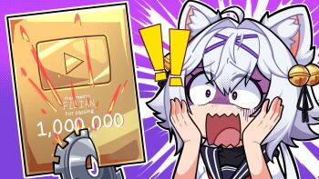 Rule 34 | !, !!, 1girl, absurdres, ahoge, animal ears, bell, black ribbon, blue sailor collar, cat ears, cat girl, character name, circular saw, commentary, commentary request, cutting, english text, eyelashes, filian (vtuber), hair bell, hair between eyes, hair intakes, hair ornament, hair ribbon, hands on own face, highres, indie virtual youtuber, marcelinha, milestone celebration, official art, open mouth, outline, panicking, plaque, portuguese commentary, purple eyes, ribbon, rindo (vrchat), sailor collar, saw, scared, shaded face, solo, sparks, video thumbnail, virtual youtuber, white hair, white outline, youtube, youtube creator award, youtube video thumbnail