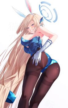 Rule 34 | 1girl, absurdly long hair, absurdres, animal ear hairband, animal ears, asuna (blue archive), asuna (bunny) (blue archive), bare shoulders, bent over, blonde hair, blue archive, blue eyes, blue halo, blue leotard, blush, breasts, brown pantyhose, commentary request, elbow gloves, fake animal ears, from behind, gloves, grin, hairband, halo, highres, kukuzero neko, large breasts, leotard, long hair, looking at viewer, official alternate costume, pantyhose, rabbit ear hairband, rabbit ears, smile, solo, strapless, strapless leotard, very long hair, white gloves, white hairband