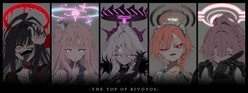 Rule 34 | 5girls, absurdres, ahoge, beretta 92, black hair, black halo, blood, blood halo, blue archive, blue eyes, blue halo, braid, commentary request, demon girl, demon horns, english text, fangs, finger to mouth, glowing, glowing eyes, gun, hair between eyes, hair bun, hair ornament, halo, handgun, heterochromia, highres, hina (blue archive), holding, holding gun, holding weapon, horns, hoshino (blue archive), huge ahoge, liquid halo, long hair, looking at viewer, maid, maid headdress, mika (blue archive), multicolored halo, multiple girls, neru (blue archive), orange hair, overlord m, pink hair, pink halo, purple eyes, red eyes, red halo, tongue, tongue out, tsurugi (blue archive), weapon, white hair, yellow eyes