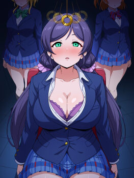 3girls absurdres ayase_eli blonde_hair blush bow bowtie bra breasts cleavage coin commentary_request green_bow green_bowtie green_eyes hair_ornament hair_scrunchie highres hypnosis kosaka_honoka large_breasts lingerie love_live! love_live!_school_idol_project mei_ichi mind_control multiple_girls orange_hair otonokizaka_school_uniform purple_bra purple_hair purple_scrunchie red_bow red_bowtie school_uniform scrunchie skirt string striped_bow striped_bowtie striped_clothes tojo_nozomi twintails underwear winter_uniform