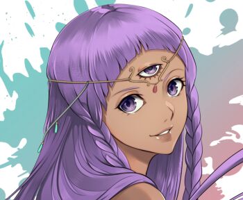 1girl alternate_hair_color beneceadraws braid commentary dark-skinned_female dark_skin english_commentary eupha_(metaphor:_refantazio) grin lips long_hair looking_at_viewer metaphor:_refantazio parted_lips purple_eyes purple_hair smile solo third_eye twin_braids upper_body