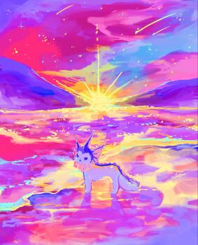 beach blue_eyes colorful creature creature_focus full_body gen_1_pokemon highres light_smile looking_at_viewer mountainous_horizon nintendo ocean open_mouth otonoha_aika outdoors pink_theme pokemon pokemon_(creature) sand scenery shooting_star signature solo standing star_(sky) sun sunset vaporeon water