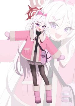 1girl 82jhin absurdres alternate_costume bag black_sweater blue_archive boots bow brown_skirt commentary_request fur-trimmed_jacket fur-trimmed_sleeves fur_trim hair_bow halo high_ponytail highres jacket leaning_to_the_side long_hair looking_at_viewer mittens mutsuki_(blue_archive) open_mouth outstretched_arms pantyhose pink_bow pink_jacket pink_mittens pointy_ears ponytail purple_eyes red_halo shoulder_bag skirt smile solo spread_arms sweater turtleneck turtleneck_sweater very_long_hair white_hair winter_clothes zoom_layer
