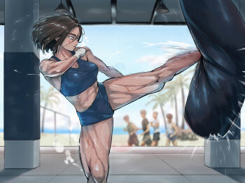 1girl 4boys abs bare_shoulders beach blurry blurry_background breasts brown_hair commentary_request day hair_between_eyes high_kick highres kicking medium_breasts midriff motion_lines multiple_boys muscular muscular_female navel orange_eyes original palm_tree punching_bag qtime_702 scar scar_on_face scar_on_leg scar_on_stomach shirt shorts sleeveless speed_lines sports_bra standing standing_on_one_leg sweat tree water
