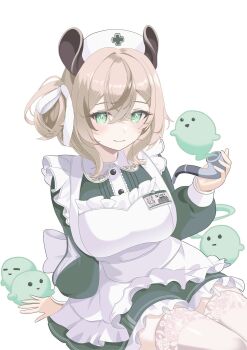 animal_ears apron breasts brown_hair dress garter_straps glawsbsxpytn7j9 green_dress green_eyes hashtag-only_commentary hat highres holding holding_smoking_pipe indie_virtual_youtuber large_breasts name_tag naplings_(nimi_nightmare) nimi_nightmare nimi_nightmare_(1st_costume) nurse_cap one_side_up smile smoking_pipe tapir_ears thighhighs virtual_youtuber white_apron white_background white_garter_straps white_thighhighs