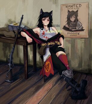1girl :3 animal_ears archirai black_hair boots cat_ears english_text gun highres leaning_on_object original poster poster_(object) red_eyes rifle robe rope signature solo table tank_top wanted_poster weapon wooden_floor