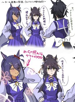 3girls ahoge animal_ears bandaid bandaid_on_face bandaid_on_nose black_hair blush bow bowtie breasts brown_hair closed_eyes closed_mouth commentary_request dark-skinned_female dark_skin ear_ornament ear_scrunchie fuji_kiseki_(umamusume) hair_between_eyes hair_ornament hairclip highres hishi_amazon_(umamusume) horse_ears horse_girl horse_tail long_hair long_sleeves medium_breasts multiple_girls naegi_happy narita_brian_(umamusume) ponytail purple_sailor_collar purple_serafuku purple_shirt purple_skirt red_eyes red_scrunchie rope sailor_collar sailor_shirt school_uniform scrunchie serafuku shimenawa shirt short_hair skirt smile speech_bubble striped_clothes striped_scrunchie tail tracen_school_uniform translation_request umamusume very_long_hair white_bow white_bowtie yellow_eyes