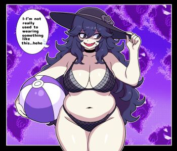 1girl @_@ activeajames alternate_body_size alternate_costume averting_eyes bags_under_eyes ball beachball belly bikini black_bikini black_choker black_eyes black_hair black_hat breasts character_background choker cleavage cowboy_shot embarrassed english_text fangs furrowed_brow hand_on_headwear hat hex_maniac_(pokemon) hex_maniac_(pokemon_xy) highres holding holding_ball holding_beachball large_breasts messy_hair navel nervous nintendo official_art_inset open_mouth outline plump pokemon pokemon_tower_ghost pokemon_xy purple_background smile solo speech_bubble sprite sun_hat sweatdrop swimsuit wavy_mouth white_outline