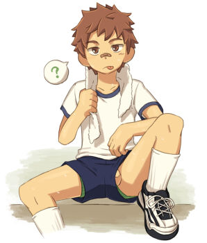 1boy ? bandaid bandaid_on_face bandaid_on_nose brown_eyes brown_hair male_focus male_underwear male_underwear_peek original penis penis_peek short_hair shorts shota sitting solo spoken_question_mark steelwire sweat testicle_peek testicles tongue tongue_out towel underwear white_background