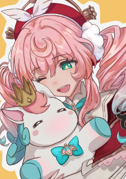 Rule 34 | 1girl, aqua eyes, aqua hair, beret, commentary request, creature, dress, drill hair, hair between eyes, hat, highres, holding, holding creature, honkai: star rail, honkai (series), hyacine (honkai: star rail), little ica (honkai: star rail), long hair, long sleeves, midori ryoueoru, multicolored hair, one eye closed, open mouth, pink hair, puffy long sleeves, puffy sleeves, red dress, red hat, solo, tongue, twin drills, two-tone hair, upper body, white sleeves, yellow background, yellow pupils