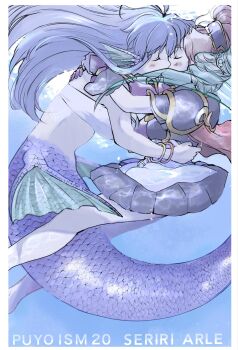 2girls air_bubble arle_nadja armor blue_hair blush bracelet brown_hair bubble cape closed_eyes commentary_request copyright_name couple fins gloves head_fins highres hug interspecies jewelry kiss long_hair merfolk mermaid monster_girl multiple_girls pauldrons prprtooon purple_gloves purple_hair puyopuyo puyopuyo_n scales serilly_(puyopuyo) short_hair shoulder_armor skirt tiara underwater yuri