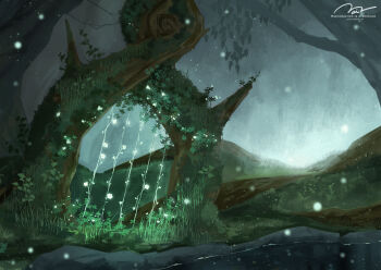 commentary_request fireflies flower forest grass highres instrument lyre moss nature night no_humans original oversized_object p9_nai river scenery signature tree white_flower