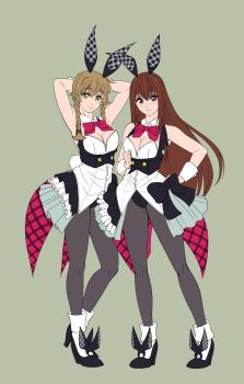 absurdres alternate_costume amane_suzuha animal_ears armpits arms_up bare_shoulders bow bowtie braid breasts brown_hair clothing_request commentary_request detached_collar eibon enmaided high_heels highres long_hair maid makise_kurisu pantyhose rabbit_ears red_bow red_bowtie science_adventure standing steins;gate twin_braids wrist_cuffs