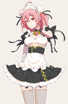 1girl ahoge apron bandaged_arm bandages black_skirt black_wrist_cuffs breasts bun_cover commentary double_bun frilled_apron frilled_skirt frills hair_between_eyes hair_bun hand_on_own_hip hand_on_own_neck highres ibaraki_kasen jack_(wkm74959) maid maid_headdress one-hour_drawing_challenge pink_eyes pink_hair puffy_short_sleeves puffy_sleeves short_sleeves simple_background single_wrist_cuff skirt solo thighhighs touhou white_apron white_background wrist_cuffs