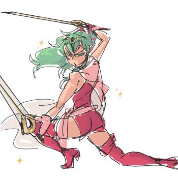 ass bare_shoulders butt_crack_outline davewaterfalls dragon_girl dress falchion_(fire_emblem) fighting_stance fire_emblem fire_emblem_awakening gluteal_fold green_eyes green_hair looking_at_viewer nintendo pointy_ears ponytail short_dress side_slit simple_background sword thighhighs tiki_(adult)_(fire_emblem) tiki_(fire_emblem) weapon