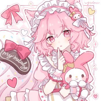 Rule 34 | 1girl, animal ear fluff, animal ears, cat ears, cat girl, closed mouth, commentary, dress, frilled hairband, frilled wrist cuffs, frills, hair between eyes, hairband, highres, looking at viewer, my melody, my melody (series), original, pink dress, pink eyes, pink hair, pink hairband, sanrio, short hair, short sleeves, signature, solo, symbol-only commentary, upper body, wrist cuffs, yukomeow