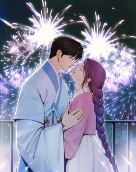 1boy 1girl aerial_fireworks alternate_hair_length alternate_hairstyle black_hair blue_trim bracelet braid chromatic_aberration closed_eyes closed_mouth commentary cowboy_shot ear_piercing earrings facial_mark film_grain fireworks from_side hair_ornament hanbok hand_on_another's_arm height_difference hetero highres imminent_kiss jewelry jinu_(kpop_demon_hunters) korean_clothes kpop_demon_hunters lens_flare long_hair low-braided_long_hair low-tied_long_hair night piercing pink_hanbok purple_hair railing rumi_(kpop_demon_hunters) short_hair single_earring sparkle_earrings star_(symbol) star_hair_ornament symbol-only_commentary tenartistt white_hanbok