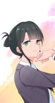 Rule 34 | 1girl, arm up, black hair, black necktie, blazer, blunt bangs, closed mouth, collared shirt, commentary request, dress shirt, folded ponytail, green eyes, grey jacket, hanamusubi (love live!), haz, jacket, link! like! love live!, lone nape hair, looking at viewer, love live!, momose ginko, multicolored background, necktie, official alternate costume, official alternate hairstyle, open clothes, open jacket, pink background, shirt, short hair, short necktie, sidelocks, sideways mouth, smile, solo, upper body, virtual youtuber, watercolor background, white background, white shirt, yellow background