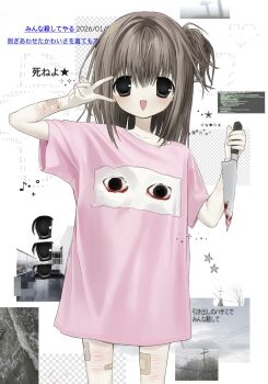 :d bandaged_leg bandages black_eyes blood bloodshot_eyes bloody_knife blush brown_hair collarbone cowboy_shot hair_between_eyes hair_bun hair_intakes highres holding holding_knife kim_daechu knife long_shirt medium_hair open_mouth original photo_inset self-harm_scar single_side_bun smile text_background v white_background