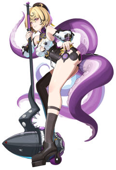 1girl ass asymmetrical_shorts bare_shoulders beret black_bow black_hat black_shoes blonde_hair bow breasts button_gap chain cleavage commentary_request detached_sleeves from_side full_body grin hair_between_eyes hammer hand_on_own_hip hat high-waist_shorts highres holding holding_hammer holding_weapon large_breasts leaning_on_weapon matsuhisa_(ryo-tsuda1) mole mole_under_mouth monster_girl purple_nails scylla shirt shirt_tucked_in shoes short_hair shorts simple_background single_thighhigh smile solo suction_cups tentacle_girl tentacle_tail tentacles thighhighs weapon white_background white_shirt white_sleeves yidhari_murphy zenless_zone_zero