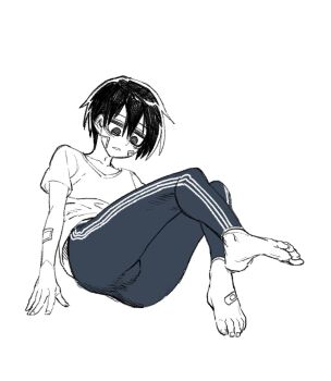 1boy bandage_on_face bandaged_arm bandaged_foot bandages barefoot black_hair bulge feet highres lee_hoon leggings male_focus parkgee short_hair solo spot_color suicide_boy