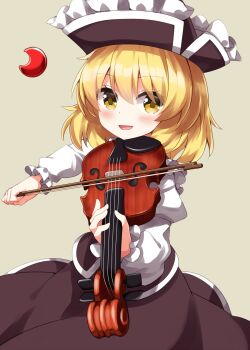 Rule 34 | 1girl, :d, black hat, black skirt, black vest, blonde hair, blush, bow (music), brown background, commentary, cowboy shot, crescent, frilled hat, frills, hair between eyes, hat, highres, holding, holding instrument, holding violin, instrument, long sleeves, looking at viewer, lunasa prismriver, open mouth, ruu (tksymkw), shirt, short hair, simple background, skirt, smile, solo, touhou, vest, violin, white shirt, yellow eyes