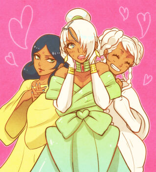 1boy 2girls :o bare_shoulders bindi bracelet choker crossdressing dark-skinned_male dark_skin dress earrings grin gundam gundam_g_no_reconguista heart jewelry lalah_sune laura_rolla loran_cehack mobile_suit_gundam multiple_girls nail_polish pink_background raraiya_monday sena_(zom0id) simple_background smile trap turn_a_gundam