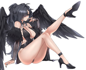 1girl black_eyes black_hair black_wings dogs_(dlrkdejr26) finger_to_mouth freckles hair_over_one_eye highres long_hair looking_at_viewer original parted_lips ponytail wings