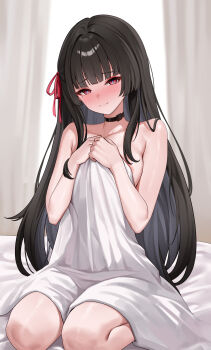 1girl absurdres bed black_choker black_hair blush breasts chisa_(wuthering_waves) choker closed_mouth collarbone commentary covering_privates embarrassed hair_ribbon hands_up highres indoors long_hair looking_at_viewer lunacle medium_breasts mole mole_under_eye nude_cover on_bed paid_reward_available red_eyes red_ribbon ribbon seiza sitting solo wuthering_waves