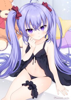 1girl :&lt; ahoge babydoll black_babydoll black_panties bow breasts closed_mouth commentary crossed_bangs feet_out_of_frame frilled_thigh_strap hair_between_eyes hair_bow hand_up hanesaki_seika highres light_blush long_hair looking_at_viewer navel original panties purple_eyes purple_hair red_bow sitting small_breasts solo stuffed_animal stuffed_toy symbol-only_commentary teddy_bear thigh_strap twintails twitter_username underwear underwear_only very_long_hair