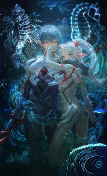 1boy 1girl absurdres arm_around_shoulder blue_eyes blue_hair closed_eyes covering_another&#039;s_mouth fish floating_hair frieren golemmm hair_between_eyes highres himmel_(sousou_no_frieren) holding holding_weapon interface_headset_(evangelion) lance_of_longinus_(evangelion) lionfish long_hair looking_at_viewer mecha_pilot_suit neon_genesis_evangelion plugsuit_(evangelion) pointy_ears seahorse short_hair skin_tight sousou_no_frieren twintails weapon white_hair