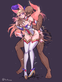 1boy 1girl :o @_@ ahri_(league_of_legends) animal_ears arm_at_side arm_grab artist_name bare_shoulders bent_over blonde_hair blush breasts breasts_out choker cleft_of_venus clothed_female_nude_male dark-skinned_male dark_skin deep_skin detached_sleeves female_pubic_hair fingernails fox_ears fox_girl fox_tail full_body grabbing_another's_breast grabbing_from_behind groin groping hetero high_heels highres interracial interspecies kissing_neck large_breasts league_of_legends leaning_forward legs_together leotard long_hair looking_afar mind_control motion_lines multicolored_leotard nail_polish nude official_alternate_costume one_breast_out open_mouth pink_eyes pink_nails pubic_hair purple_background purple_choker pussy pussy_juice red_leotard red_sleeves restrained scofa sex sex_from_behind simple_background solo_focus sparse_pubic_hair standing standing_sex star_guardian_(league_of_legends) tail thighhighs thighs trembling two-tone_leotard two-tone_sleeves uncensored vaginal white_leotard white_sleeves white_thighhighs yellow_footwear