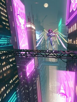 absurdres alstroemeria_(idolmaster) billboard black_gloves blonde_hair bodysuit building city city_lights closed_mouth cropped_jacket debi_tarou detached_wings energy energy_wings fingerless_gloves full_moon gloves glowing glowing_wings hair_between_eyes hands_in_pockets headgear highres idolmaster idolmaster_shiny_colors jacket jtangc kuwayama_chiyuki long_hair long_sleeves looking_at_viewer low_twintails moon multicolored_hair multiple_girls neon_lights night official_alternate_costume official_alternate_hairstyle osaki_amana osaki_tenka outdoors red_hair science_fiction siblings sisters sky skyscraper smile standing streaked_hair swept_bangs twins twintails white_jacket wings yellow_eyes