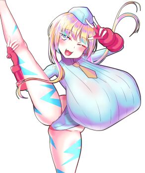 1girl blue_leotard breasts cammy_white cammy_white_(cosplay) female_focus fingerless_gloves gigantic_breasts gloves hat kuyu730 leg_tattoo leg_up leotard looking_at_viewer one_eye_closed original red_gloves shiny_skin solo street_fighter tattoo white_background wink