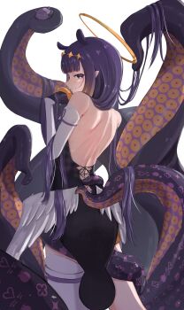 1girl absurdres backless_dress backless_outfit black_dress black_gloves blue_eyes detached_sleeves diamond_hairband dress gloves gradient_hair hairband halo hashtag-only_commentary highres hololive hololive_english ina&#039;s_back_(meme) kyouraku long_hair low_wings median_furrow meme multicolored_hair ninomae_ina&#039;nis ninomae_ina&#039;nis_(1st_costume) orange_hair orange_hairband orange_halo pointy_ears purple_hair single_detached_sleeve solo tentacle_hair tentacles thighhighs virtual_youtuber white_sleeves white_thighhighs white_wings wings