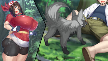 ass bandana belt professor_birch black_shorts blue_eyes blush breasts brown_hair cameltoe covered_erect_nipples curvy fanny_pack forest gen_3_pokemon gloves green_shorts head_out_of_frame highres huge_breasts kawahagitei lab_coat may_(pokemon) nature nintendo open_mouth outdoors pokemon pokemon_(creature) pokemon_rse poochyena red_bandana short_sleeves shorts skindentation slippers surprised thick_thighs thighs