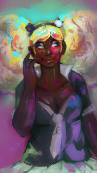 1girl afro afro_puffs bear_hair_ornament black_shirt blonde_hair blood blood_on_breasts blood_on_clothes blood_on_face blood_on_hands blood_splatter blue_background blue_eyes breasts cleavage closed_mouth collarbone cristaldotgema danganronpa_(series) danganronpa_another_episode:_ultra_despair_girls dark-skinned_female dark_skin eyelashes female_focus fingernails hair_ornament hand_up headset highres long_fingernails long_hair looking_to_the_side medium_breasts microphone multicolored_background nail_polish pink_background pink_blood red_nails second_generation_enoshima_junko shirt simple_background skirt solo twintails white_skirt