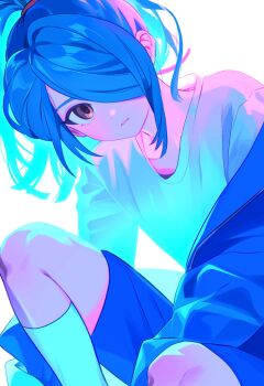 1boy analogous_colors androgynous black_shorts blue_hair brown_eyes dot_nose ebi_(shrimp_eleven) hair_over_one_eye highres inazuma_eleven inazuma_eleven_(series) jacket jacket_partially_removed kazemaru_ichirouta leaning_forward light_blush male_focus parted_lips resized shirt shorts simple_background socks solo t-shirt underlighting upscaled white_background white_shirt white_socks