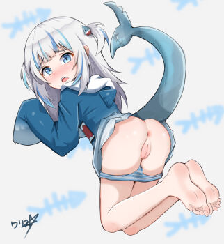 1girl absurdres anus ass barefoot blue_eyes blush boppin cleft_of_venus clothes_pull dot_nose feet female_focus fins fish_tail from_behind full_body gawr_gura gawr_gura_(1st_costume) highres hololive hololive_english loli long_hair long_sleeves looking_at_viewer looking_back multicolored_hair open_mouth panties panty_pull pussy shark_tail sharp_teeth short_twintails soles solo spread_toes streaked_hair striped_clothes striped_panties tail teeth thighs toes twintails uncensored underwear virtual_youtuber white_hair