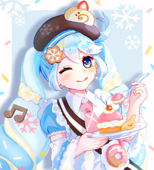 1girl aqua_dress aqua_hair beret blue_eyes blush brown_hat cake closed_mouth collared_shirt cookie_hair_ornament dress food food-themed_hair_ornament fork fortissimo fruit hair_between_eyes hair_ornament hat hatsune_miku highres holding holding_fork holding_plate long_sleeves looking_at_viewer musical_note musical_note_hair_ornament necktie one_eye_closed pink_necktie plate puffy_short_sleeves puffy_sleeves rabbit_yukine shirt short_sleeves smile snowflake_print snowflakes solo sora_(pixiv66028447) strawberry swiss_roll upper_body vocaloid white_shirt wide_sleeves yuki_miku yuki_miku_(2026)