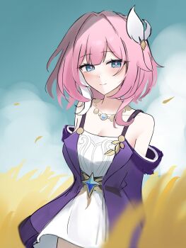 Rule 34 | 1girl, alternate breast size (larger), bare shoulders, blue eyes, blue sky, breasts, cleavage, coat, cyrene (honkai: star rail), cyrene (philia093) (honkai: star rail), dress, far 2549, hair ornament, hashtag-only commentary, highres, honkai: star rail, honkai (series), jewelry, large breasts, looking at viewer, multicolored hair, necklace, outdoors, pink hair, purple coat, revision, short hair, sky, smile, solo, two-tone hair, wheat, wheat field, white dress, white hair