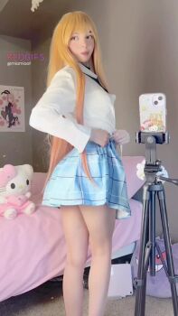 1girl animated ass_shake blonde_hair blue_necktie blue_skirt breasts cosplay female_focus kitagawa_marin kitagawa_marin_(cosplay) mia_bunny necktie panties pleated_skirt school_uniform skirt small_breasts solo striped_clothes striped_panties tagme underwear video