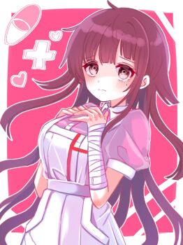 1girl apron bandaged_arm bandages blush breasts closed_mouth collared_shirt commentary_request danganronpa_(series) danganronpa_2:_goodbye_despair eyelashes hands_on_own_chest heart highres kotohatoko510 long_hair mole mole_under_eye outline pink_shirt purple_eyes purple_hair shirt short_sleeves solo tearing_up tsumiki_mikan white_apron white_outline