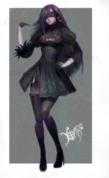 1girl 2b_(nier:automata) 2b_(nier:automata)_(cosplay) black_boots black_dress black_gloves black_hair blindfold boots border breasts cleavage commentary company_connection cosplay devilottie dress earrings feather-trimmed_sleeves final_fantasy final_fantasy_vii final_fantasy_vii:_ever_crisis full_body gloves hand_on_own_hip high_heel_boots high_heels holding holding_own_hair jewelry juliet_sleeves lips long_hair long_sleeves medium_breasts nier:automata nier_(series) official_alternate_costume outside_border puffy_sleeves signature single_earring solo standing thigh_boots thighhighs thighhighs_under_boots tifa_lockhart tifa_lockhart_(battler_ensemble) turtleneck turtleneck_dress white_border