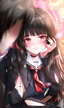 Rule 34 | 1boy, 1girl, absurdres, arm cutout, black choker, black hair, black jacket, black shirt, blurry, blurry background, blush, breasts, bright pupils, chisa (wuthering waves), choker, closed mouth, clothing cutout, commentary, hair ribbon, highres, jacket, long hair, long sleeves, looking at viewer, male rover (wuthering waves), medium breasts, mole, mole under eye, neckerchief, red eyes, red neckerchief, red ribbon, ribbon, rover (wuthering waves), sailor collar, shirt, smile, solo focus, tacet mark (wuthering waves), white pupils, white sailor collar, wuthering waves, zrhnzm