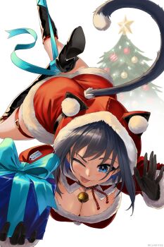 1girl :p animal_ears blue_eyes blue_hair blue_ribbon blush breasts cahryos cat_ears cat_girl cat_tail christmas christmas_tree cleavage dress fang gift highres hololive hololive_english hood hoodie large_breasts looking_at_viewer one_eye_closed ouro_kronii red_hoodie ribbon santa_costume santa_dress short_hair skin_fang smile solo tail tongue tongue_out virtual_youtuber